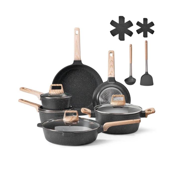 17-piece black granite pot and pan set with lids for induction cooker