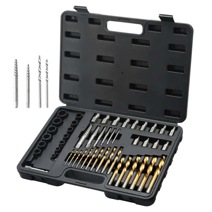 48-piece screw extractor set with HSS drill bits and case