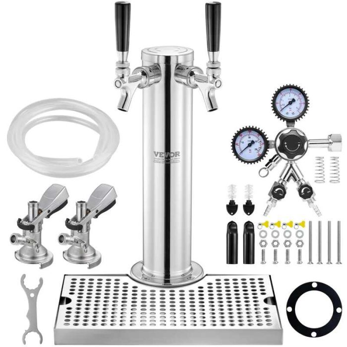Beer dispensing tower dispenser, stainless steel, 2 taps, W21.8 regulator
