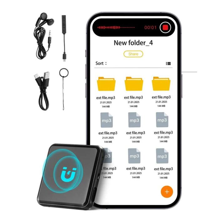 Magnetyczny cyfrowy dyktafon, 128 GB, USB-C