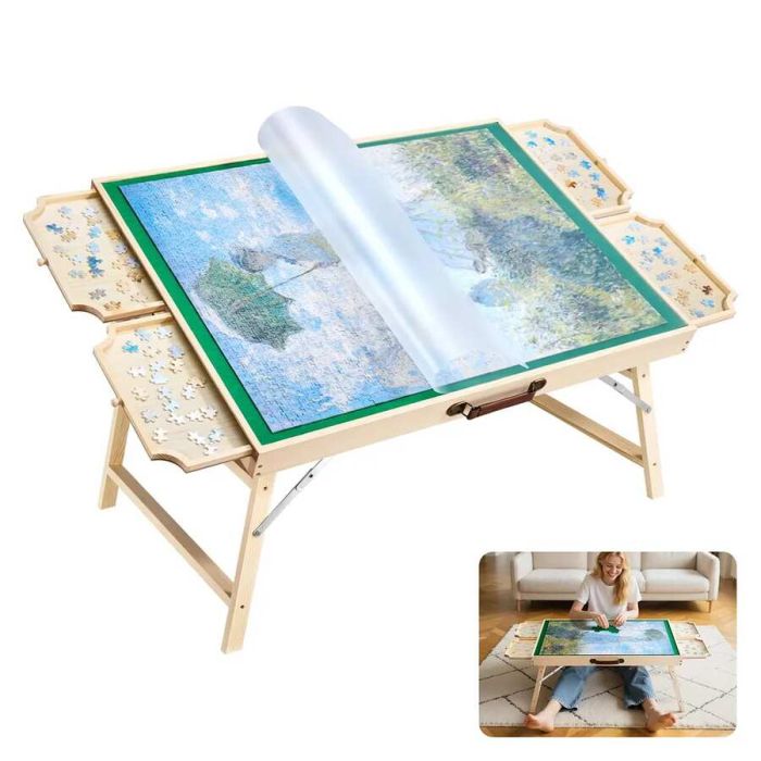 Drewniany składany stolik do układania puzzli 1500 elementów, 86x63 cm, z szufladami i regulowanym kątem nachylenia