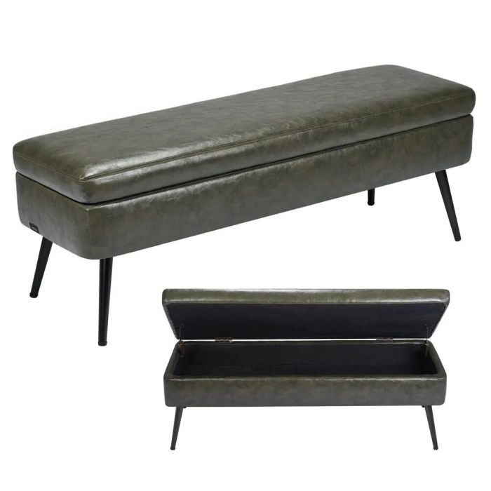 Green leather storage pouf with metal legs