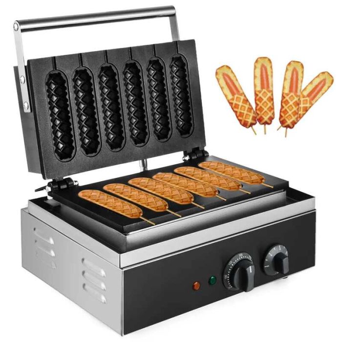 Electric commercial hot dog waffle maker, 6 pcs., non-stick