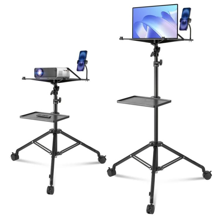 Podstawka pod projektor i laptopa z kółkami, regulowana, z uchwytem na telefon