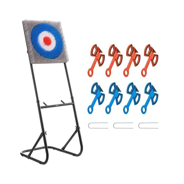 Axe throwing game with a set of 8 plastic axes and a foldable steel frame