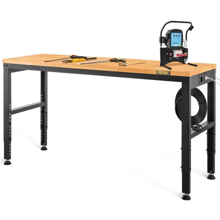 Height-adjustable workbench with wooden tabletop, 183x64 cm, height 72-97 cm, metal frame, with sockets, 900 kg load capacity