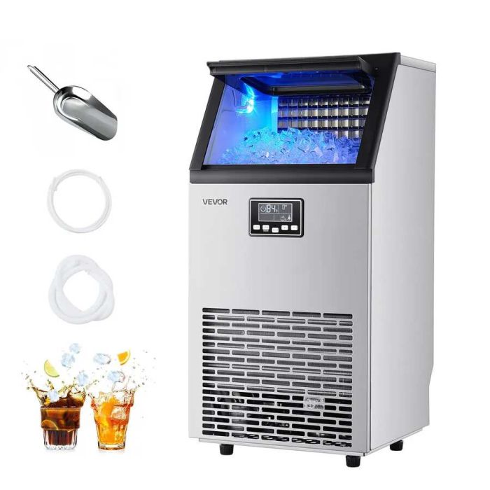 Komercyjna kostkarka do lodu ze stali nierdzewnej, 45 kg/24 godz., pojemność 12,7 kg, wyświetlacz LED, samoczyszcząca