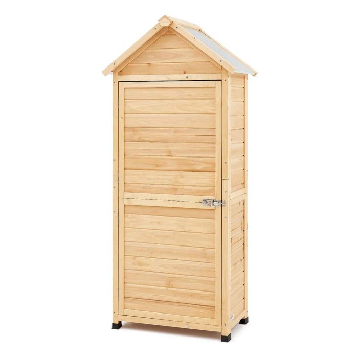 Large wooden outdoor storage shed with shelves and lock, 28x63 inches