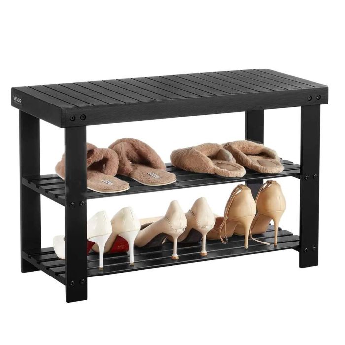 Ławka na buty, 3-poziomowa, bambusowa, czarna, 70x29x45 cm, do 120 kg