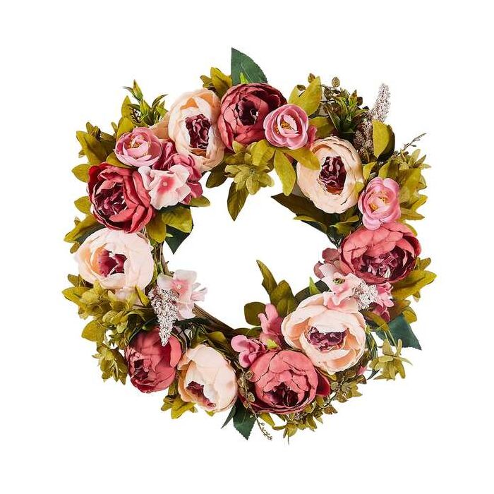 Artificial decorative wreath, 48 cm, pink, with peonies and hydrangeas