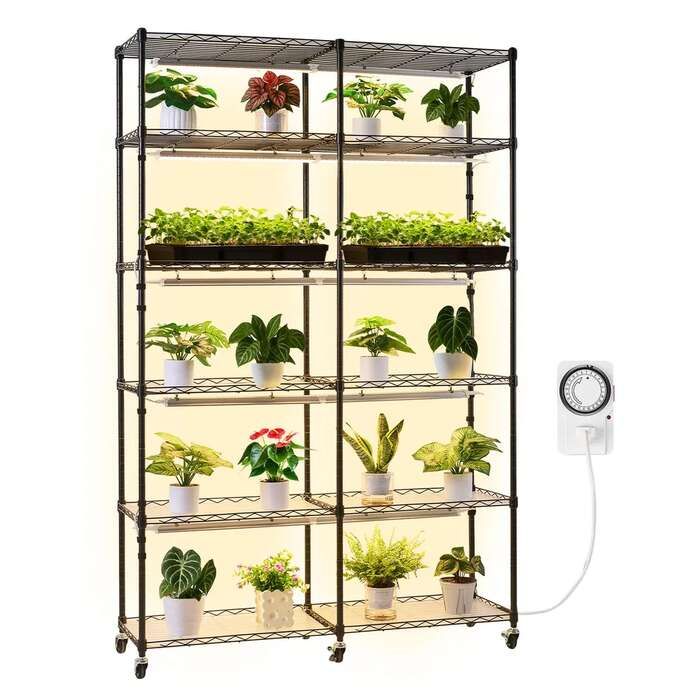 Plant shelf with grow light, 6 tiers, 180 cm, metal, with wheels and timer
