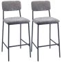 Grey bar stools, set of 2, with backrest and footrest, chenille fabric, steel