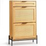 Smukła szafka na buty z rattanu z szufladami, metalowymi nogami, jasnym drewnem
