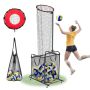 Portable volleyball trainer with wheels and basket, adjustable height and angle, for indoor and outdoor use
