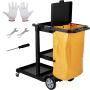 Yellow black plastic cleaning cart with 3 shelves, 25 gallon PVC bag, 120x51x98 cm
