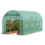 Tunnel greenhouse with galvanized steel frame, 14.6x6.4x6.3 ft., green PE roof, with zipper door and 8 windows