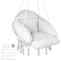 Hanging macrame hammock swing chair with cushion, white