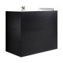 L-shaped black reception desk with drawer and keyboard tray, 55x31x47 inches.
