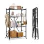 Foldable 4-Tier Metal Shelf with Wheels and Hooks, 36x21x60 inches, Black