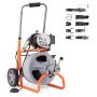 Portable drain cleaning machine with 75ft 3/8" snake pipes and 8 cutting tools