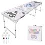 8ft Foldable Portable Beer Pong Table, White, Adjustable Height