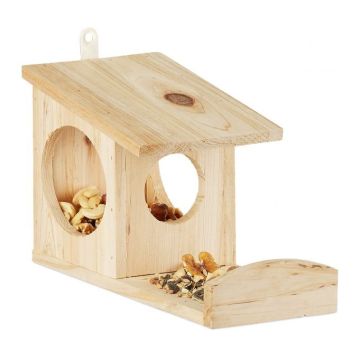 Hanging squirrel feeder with canopy 17.5x12x25cm., light brown/silver color
