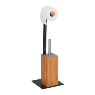 Toilet paper holder with toilet brush 60x20x20cm., light brown/black/silver color