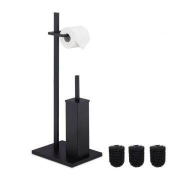 Toilet paper holder with toilet brush and 3 replaceable brush heads 72.5x27.5x21.5cm, black
