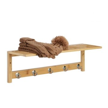 Wall shelf with hooks 18x62x16cm., light brown/silver color