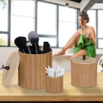 Set of 3 baskets with lid, light brown/black