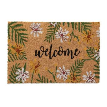 Wycieraczka "Welcome" z kwiatami 60x40 cm, kolor jasnobrązowy/czarny/zielony/biały