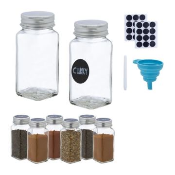 Set of 8 transparent spice jars 11x4x4cm., silver color