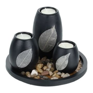 Set of 3 candlesticks and tray, black, light gray/brown