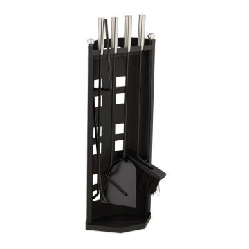 Set of 4 fireplace tools and stand 61x22x15cm., black/silver