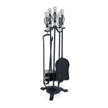 Set of 4 fireplace tools and stand 66x21x21cm., black/silver