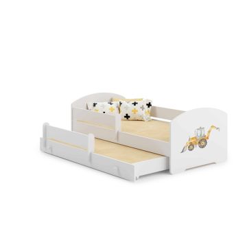 Children's double bed Luk with mattress and safety barrier 164x85x63 / 145x80x15cm, excavator