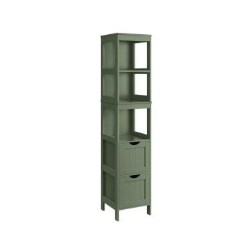 Wysoka szafka łazienkowa VASAGLE BBC66WT, 2 szuflady, 3 otwarte przegrody, zielona, ​​30 × 141,5 × 30 cm