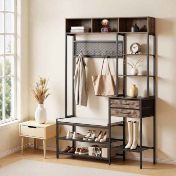 Clothes rack VEVOR ZH656, with shoe bench and 2 drawers, brown, 120 × 180 × 40 cm