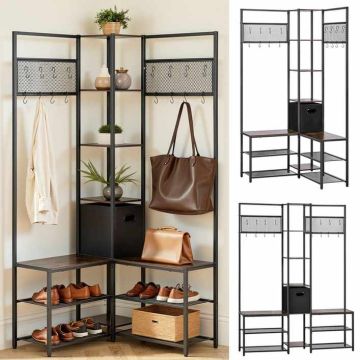 Clothes rack VEVOR ZH658, corner, with shoe bench, brown, 84 × 180 × 84 cm