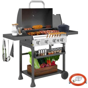 Grill gazowy, 5 palników, czarny, 135 × 103 × 55 cm