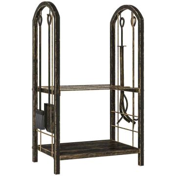 Two-tier firewood rack, 43 x 30 x 74 cm, dark brown, with 4 fireplace tools