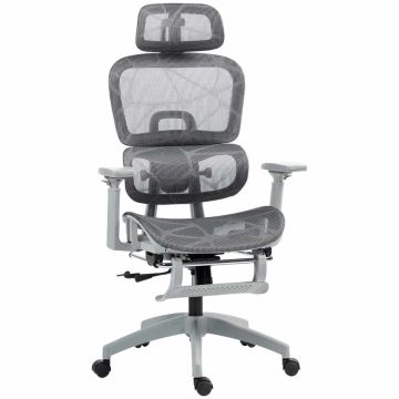 Ergonomiczny fotel biurowy z podnóżkiem, szary, regulowany, tkanina siatkowa