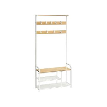 Clothes rack with shoe bench and 9 hooks, 30 x 85 x 180.5 cm, oak - white