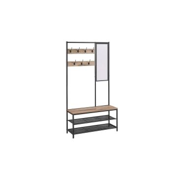 Clothes rack with hooks and mirror 35x98x180cm., black/light brown