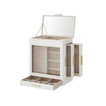 Jewelry box with side drawers and mirror, white - gold color