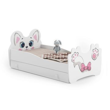 Children's bed Animals with drawer and mattress 144 cm x 80 cm x 70 cm, cat