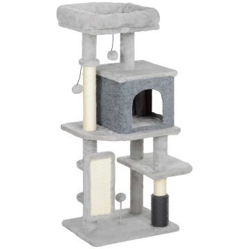 Drapak dla kota, z domkiem i legowiskiem, jasnoszary/kremowobiały, 44 × 104 × 34 cm