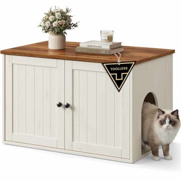 Szafka na kuwetę dla kota SONGMICS HOME z drzwiami przesuwnymi, biało-brązowa, 80 × 50 × 50 cm