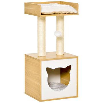 Cat house scratching post PawHut 35x35x81cm., light brown/cream color
