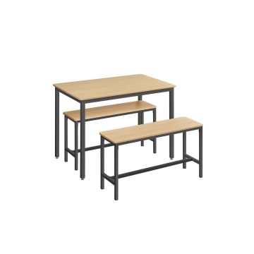 Dining table with 2 benches, black/light brown